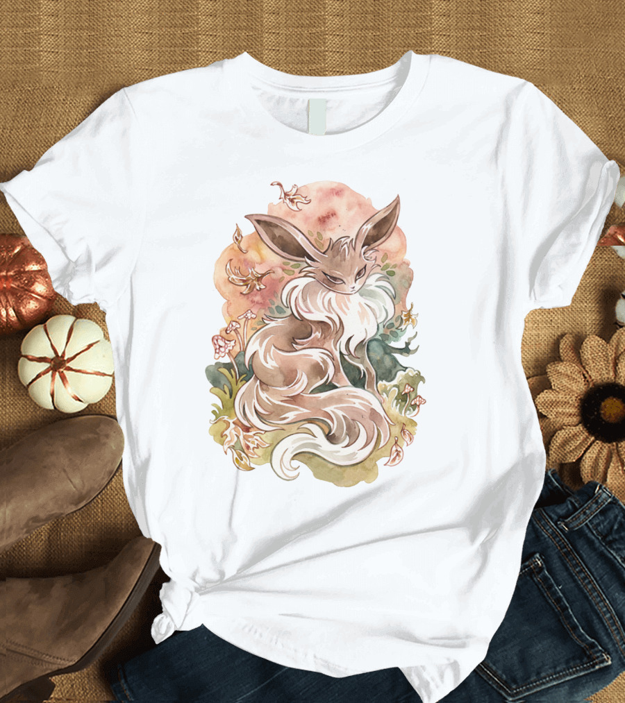 Watercolor Pokemon Eevee with Autumn Leaves and Flowers T-Shirt