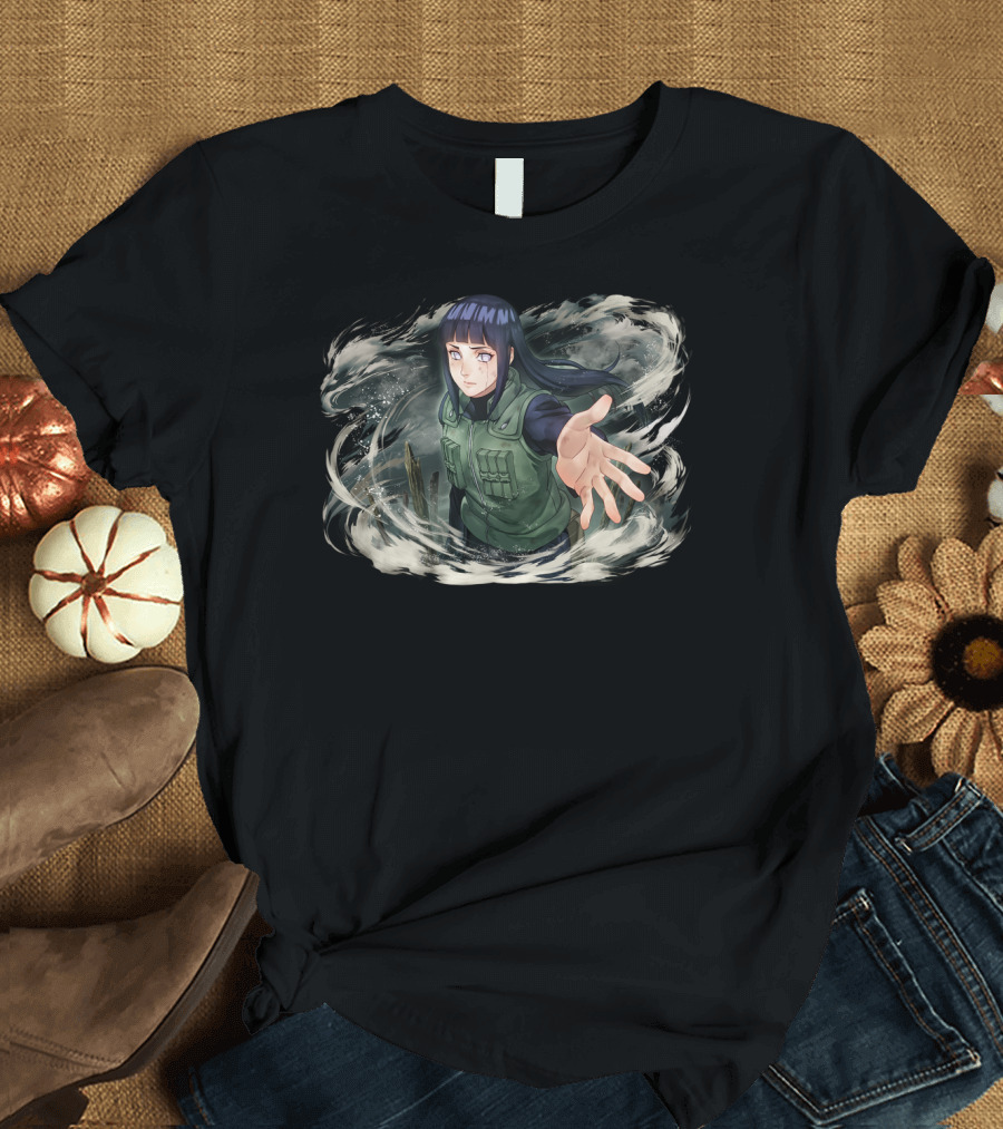 Hinata Hyuga Hand Reaching Anime Character in Swirling T-Shirt