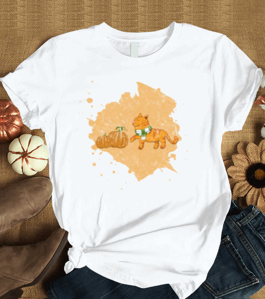 Kitty with Scarf and Pumpkins on Splash Background T-Shirt