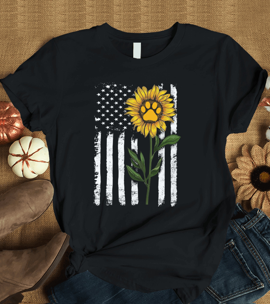 Sunflower Paw American Flag Vertical Stripes T-Shirt