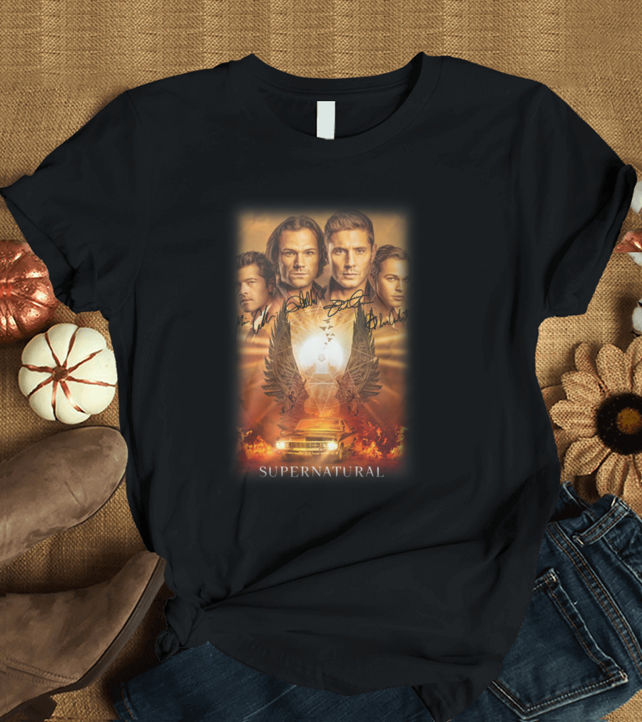 Supernatural Cast Autograph Collage with Angelic Symbol and Impala Flame Scene T-Shirt