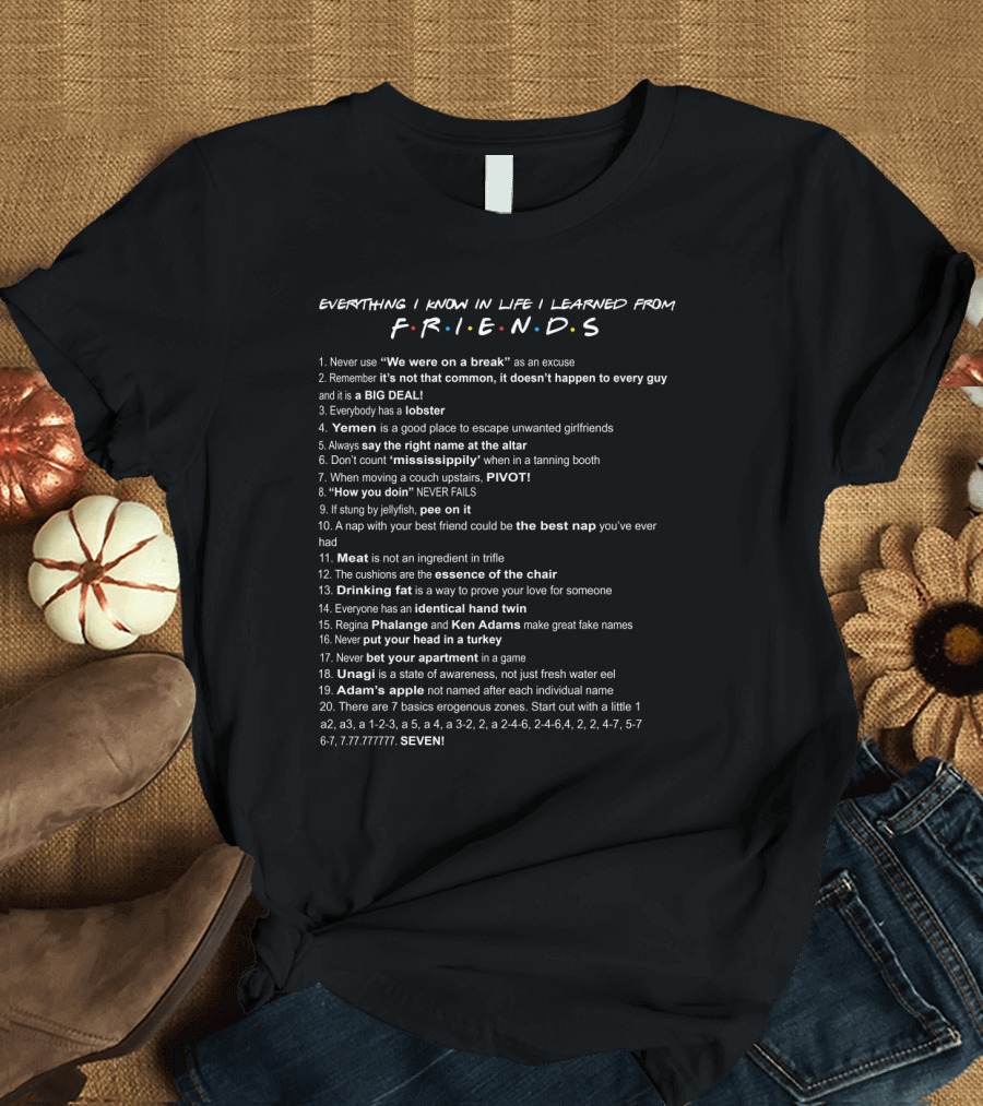 Everything I Know In Life Learned From F.R.I.E.N.D.S List of 20 Iconic Show Lessons and Memorable T-Shirt
