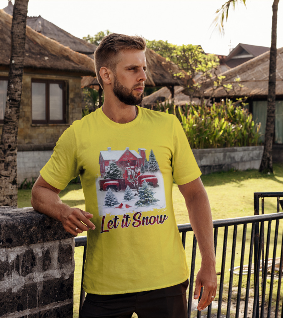 Let It Snow Cardinal Birds Red Tree Farm Holiday Scene T-Shirt