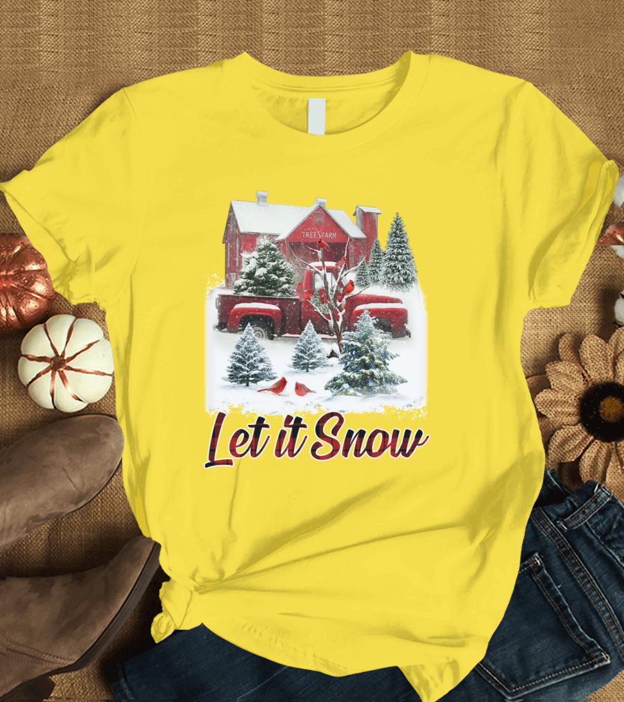 Let It Snow Cardinal Birds Red Tree Farm Holiday Scene T-Shirt