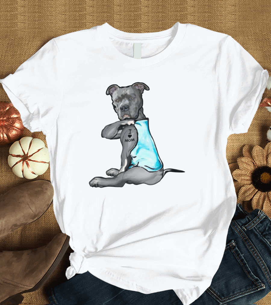 Pitbull I Love Mom Tattoo Blue T-Shirt
