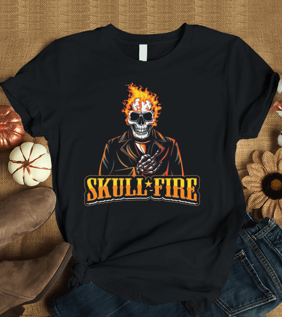 Skull Fire Flaming Skeleton in Dark Suit T-Shirt