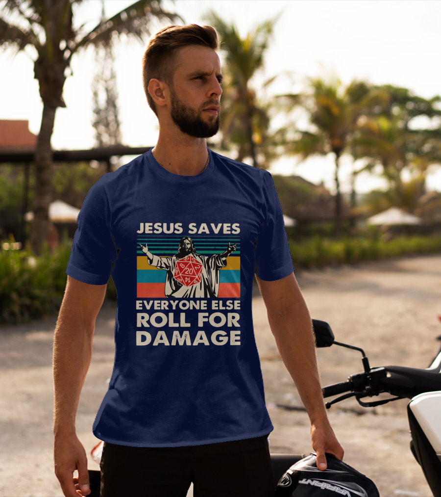 Jesus Saves D20 Everyone Else Roll For Damage Retro Stripes T-Shirt