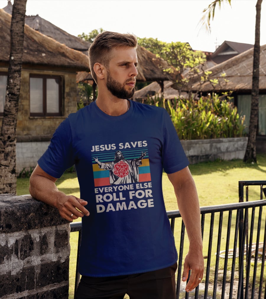 Jesus Saves D20 Everyone Else Roll For Damage Retro Stripes T-Shirt