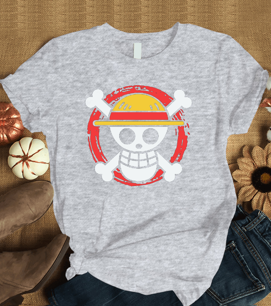Straw Hat Luffy Jolly Roger Icon on Red Circular Emblem T-Shirt
