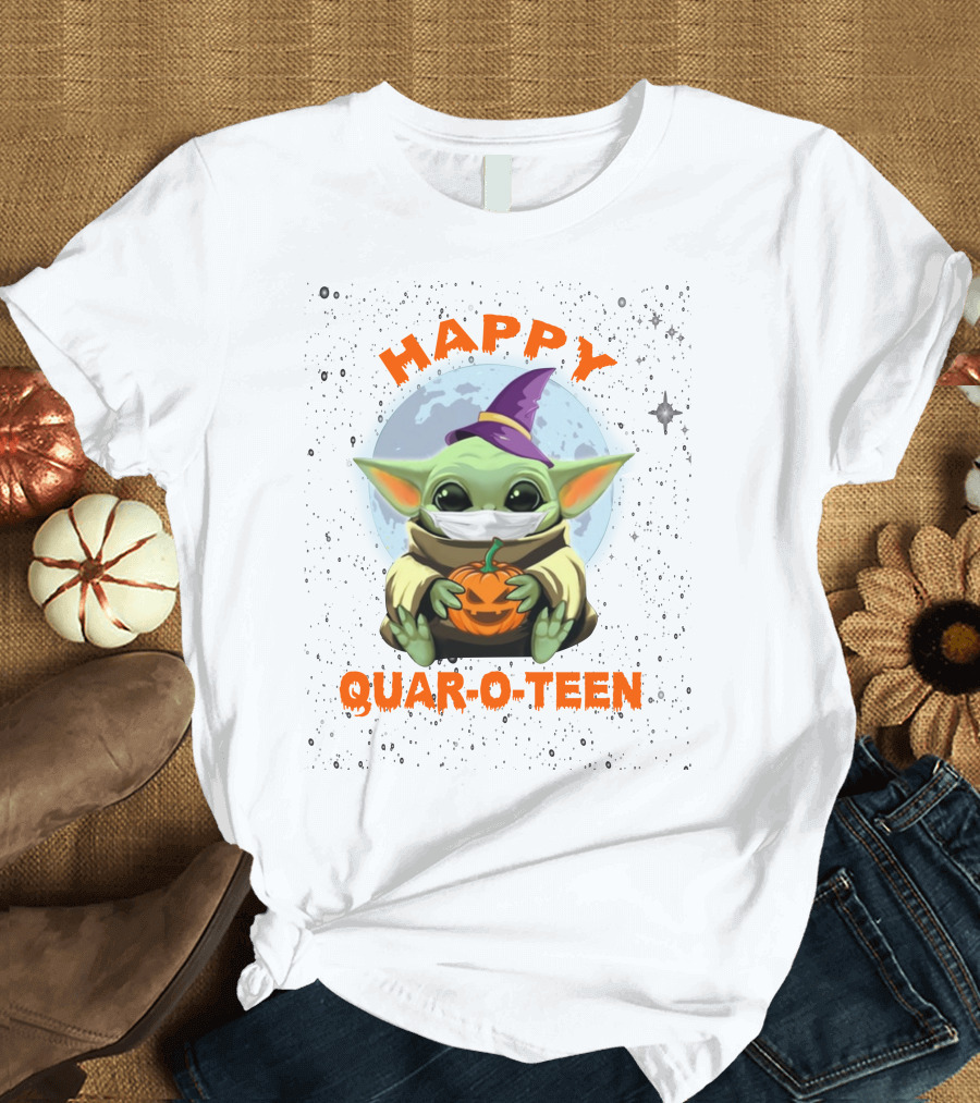 Baby Yoda Happy Quaroteen Halloween Pumpkin Wizard Hat T-Shirt