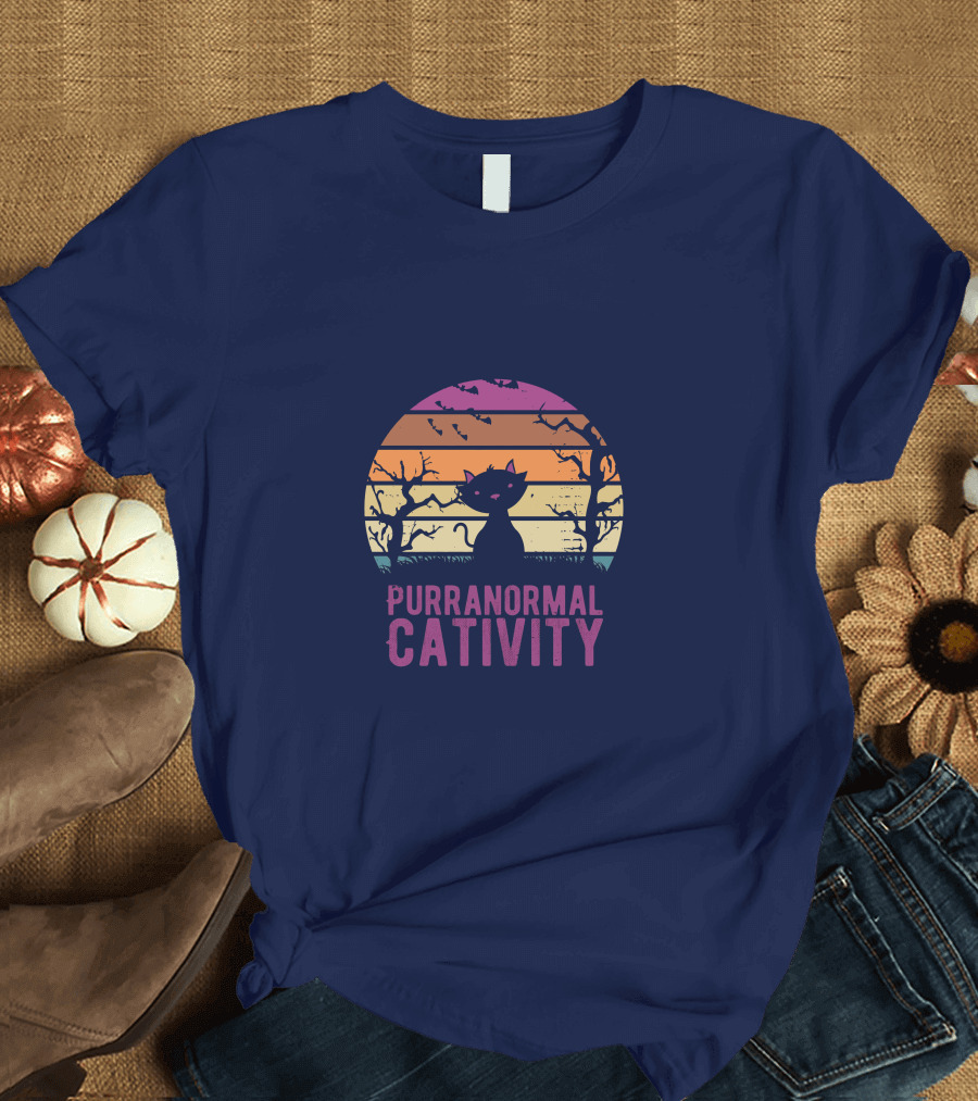 Purranormal Cativity Spooky Cat Silhouette with Bats and Trees T-Shirt