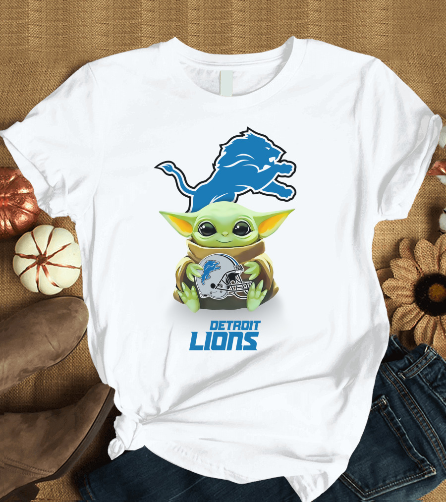 Baby Yoda Holding Detroit Lions Helmet With Team T-Shirt