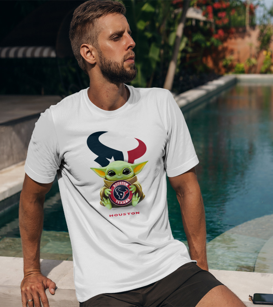 Baby Yoda Holding Houston Texans Logo With Team Emblem In T-Shirt