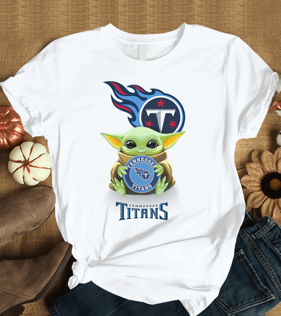 Baby Yoda Holding Tennessee Titans Emblem with Logo White T-Shirt