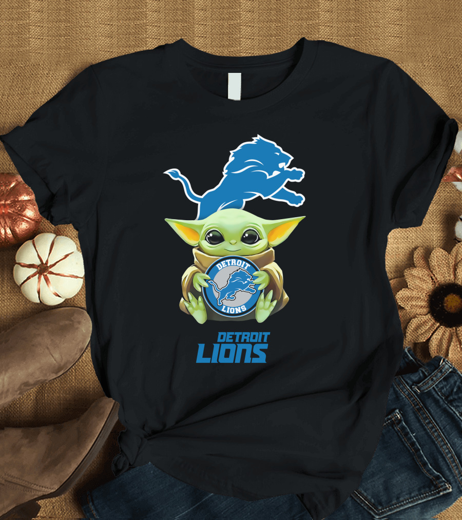 Star Wars Baby Yoda Holding Detroit Lions Symbol with Team T-Shirt