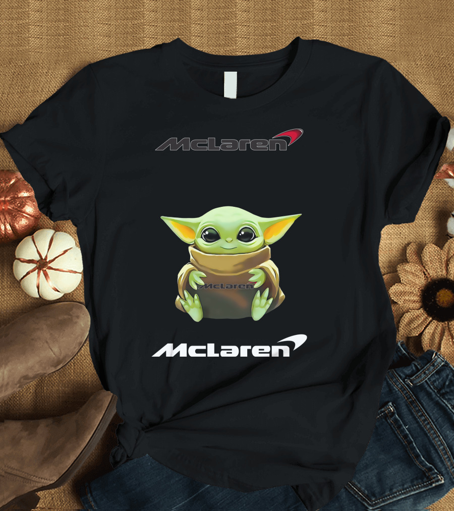 Star Wars Baby Yoda Holding McLaren Logo with Dual McLaren Texts T-Shirt