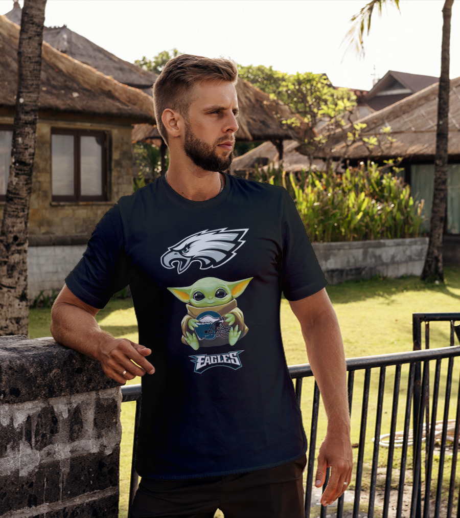 Star Wars Baby Yoda Holding Philadelphia Eagles Football Helmet T-Shirt