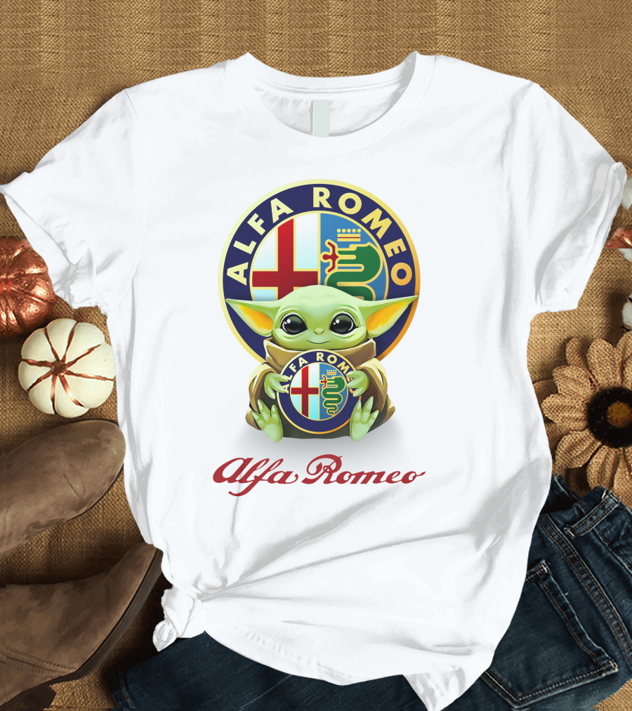 Baby Yoda Holding Alfa Romeo Logo with Alfa Romeo Emblem Background T-Shirt