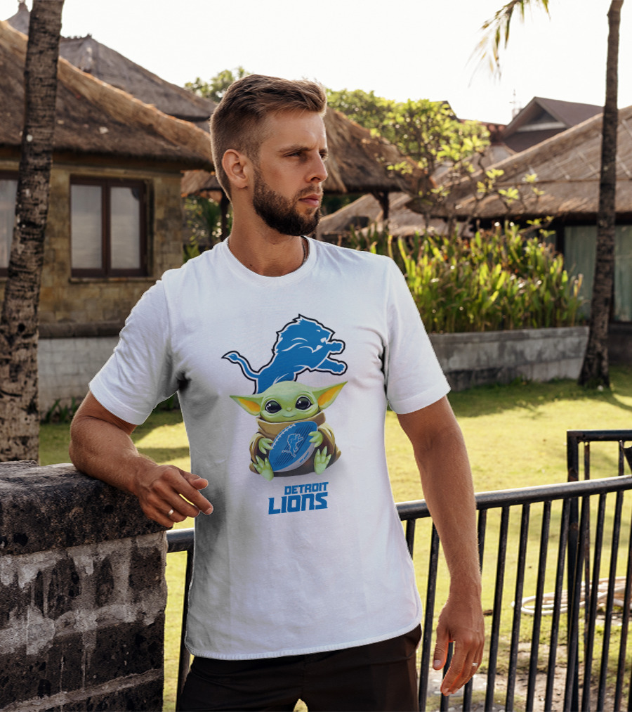 Baby Yoda Hugging Detroit Lions Football T-Shirt