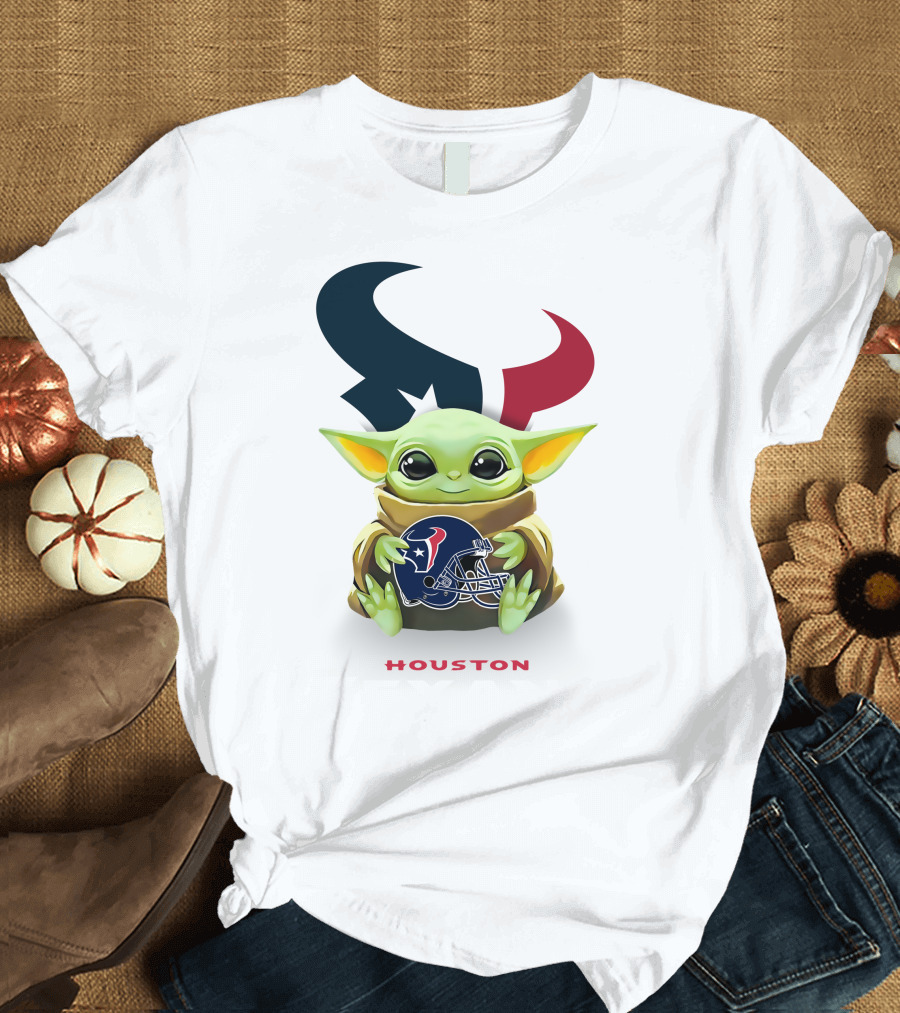 Baby Yoda Houston Texans Logo Helmet Hug T-Shirt