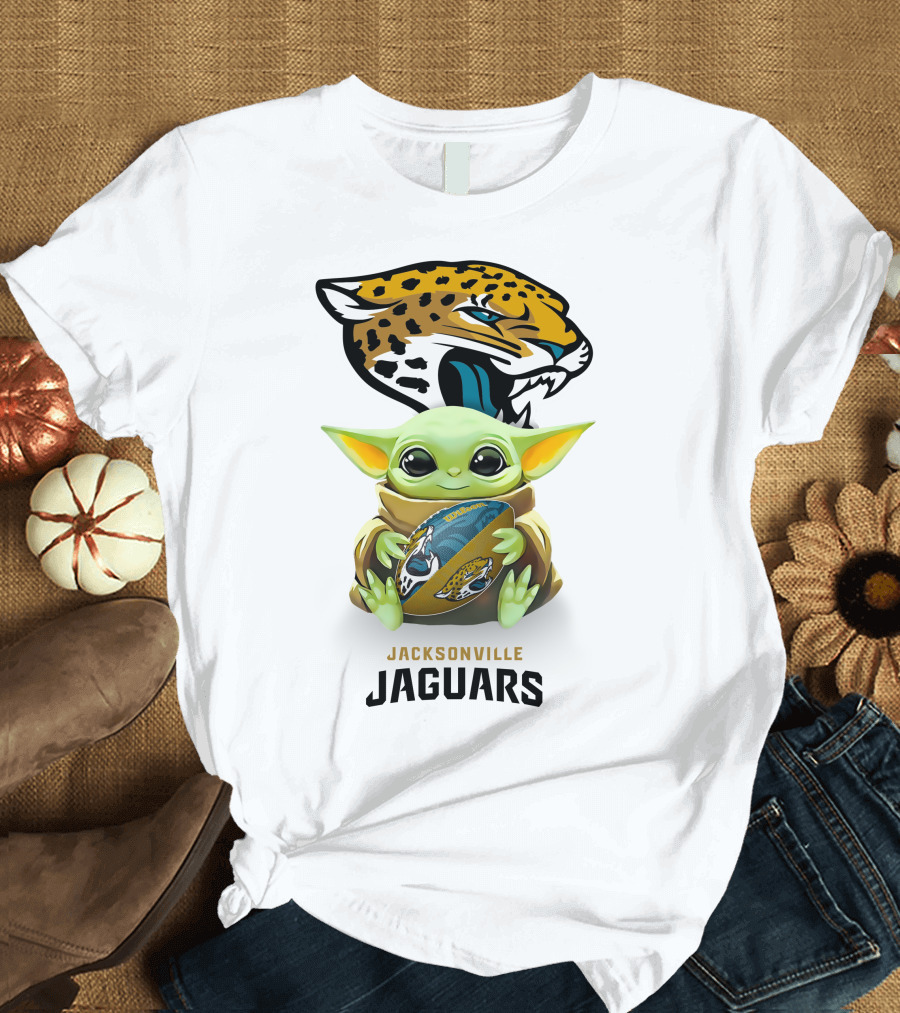 Baby Yoda Hug Jacksonville Jaguars Football Fan Art Tailgate White T-Shirt