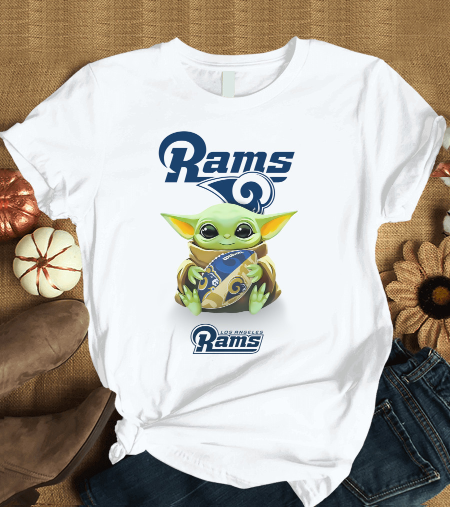 Baby Yoda Los Angeles Rams Football Hug Tailgate White T-Shirt
