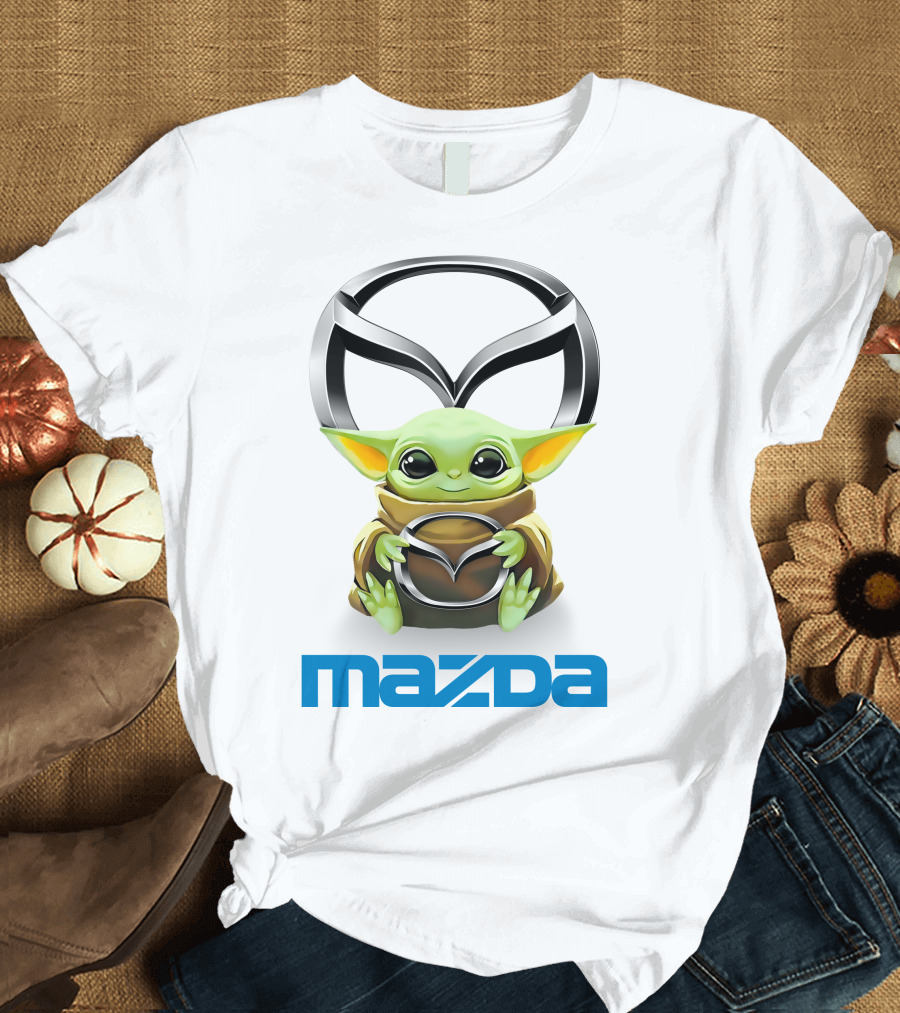 Baby Yoda Hug Mazda Logo White T-Shirt