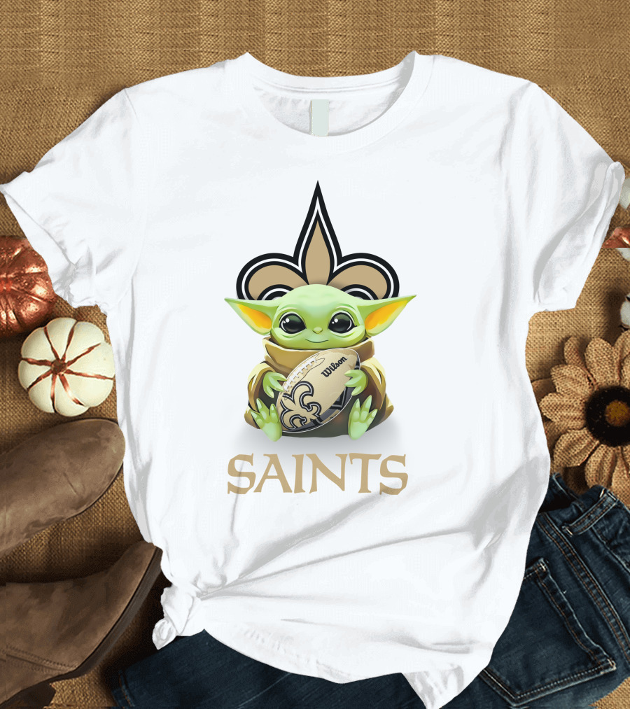 Baby Yoda Holding Football New Orleans Saints Fleur-de-Lis T-Shirt