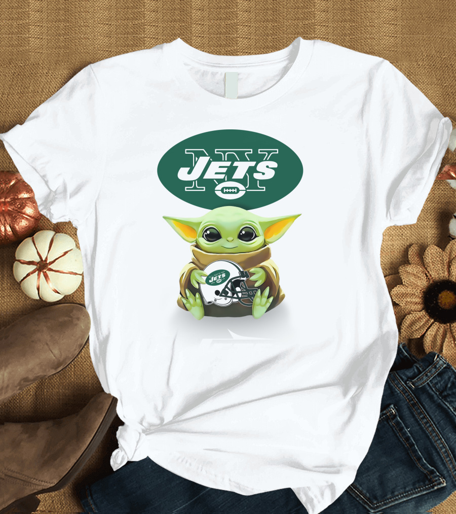 Baby Yoda Holding New York Jets Football Helmet T-Shirt
