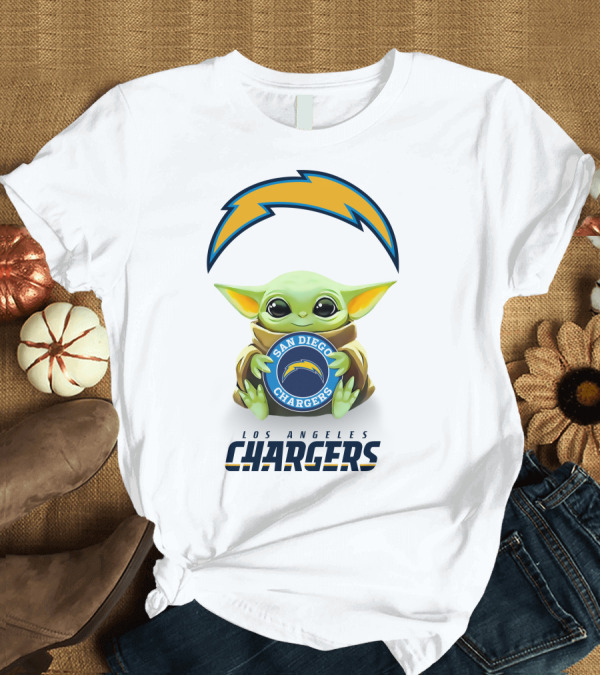T-Shirt: Baby Yoda Hug San Diego Chargers Los Angeles Chargers Logo White T-Shirt Baby Yoda Hug San Diego Chargers Los Angeles Chargers Logo White T-Shirt