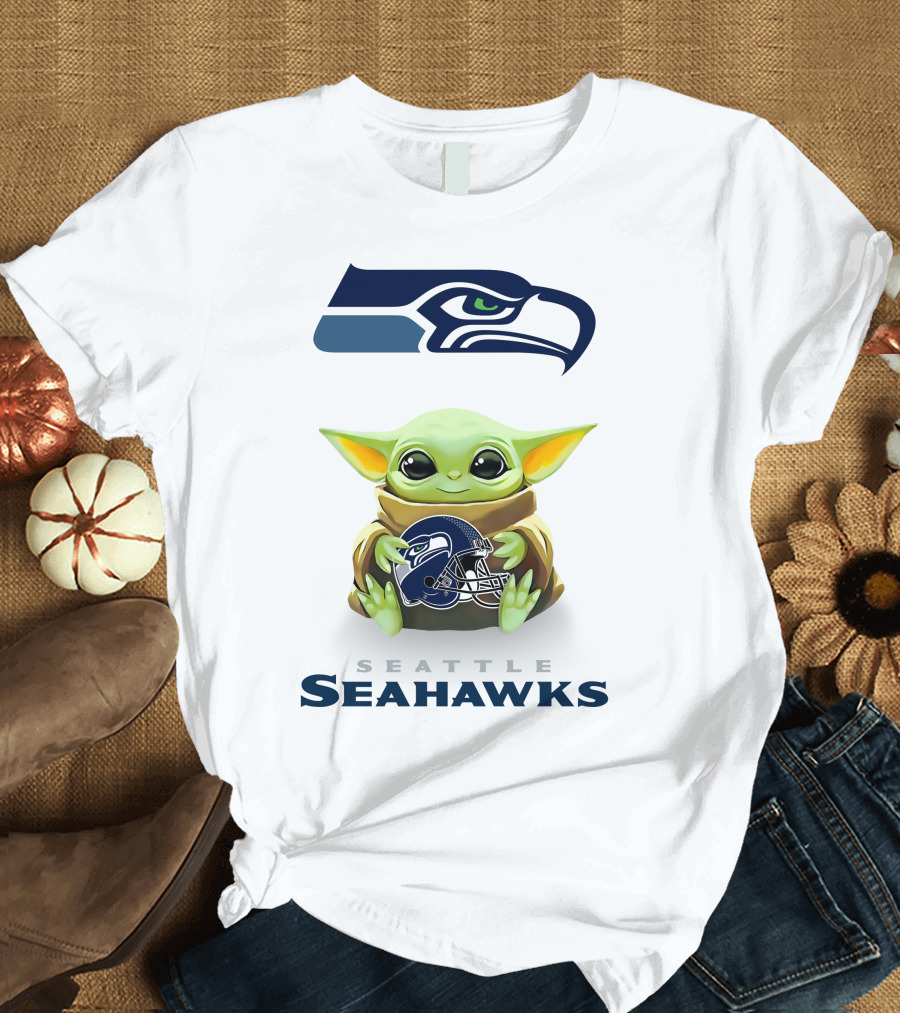 Seattle Seahawks Baby Yoda Hugging Helmet T-Shirt