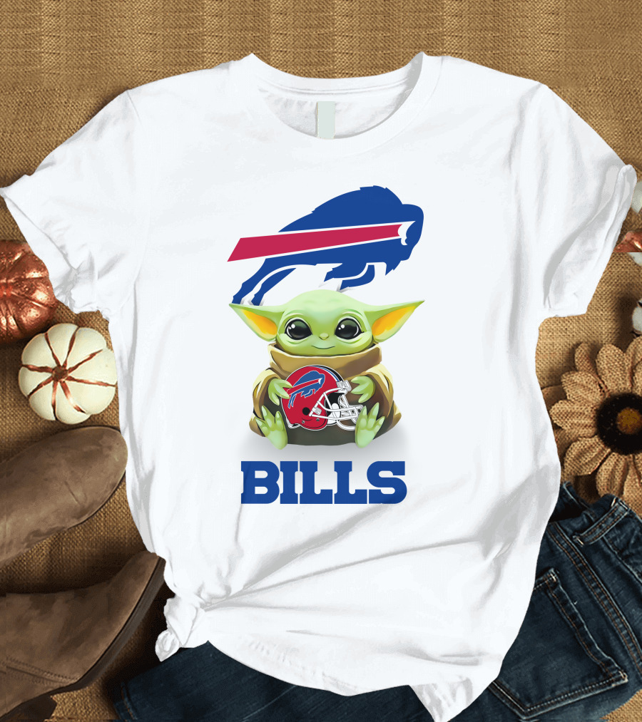 Baby Yoda Hug Buffalo Bills Helmet Star Wars White T-Shirt