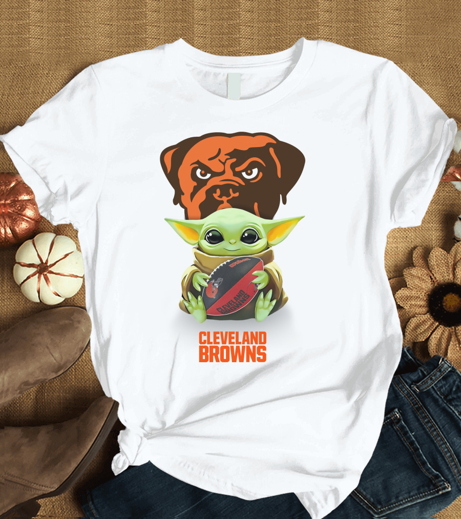 Baby Yoda Holding Cleveland Browns Football with Team Logo Background T-Shirt