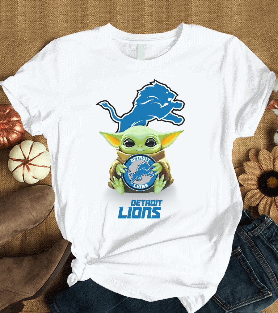 Star Wars Baby Yoda Detroit Lions Hugging Logo White T-Shirt