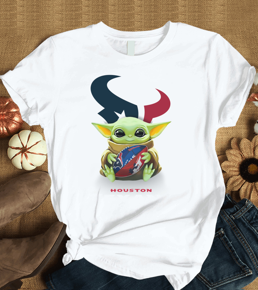 Star Wars Baby Yoda Hug Houston Texans Football Tailgate White Iconic T-Shirt
