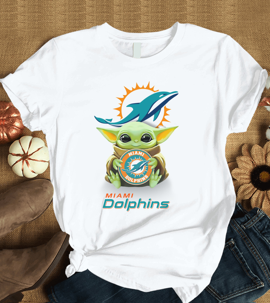 Miami Dolphins Baby Yoda Hugging Logo Star Wars White T-Shirt