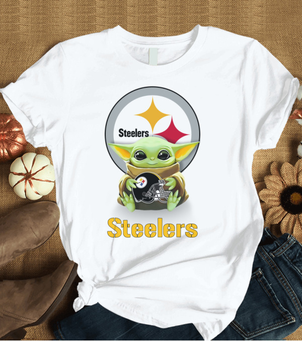 T-Shirt: Baby Yoda Hugging Steelers Helmet with Pittsburgh Steelers T-Shirt Baby Yoda Hugging Steelers Helmet with Pittsburgh Steelers T-Shirt