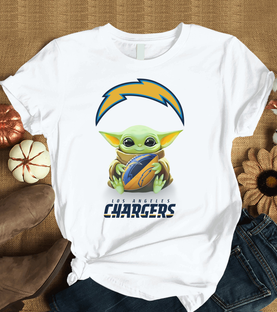 Star Wars Baby Yoda Los Angeles Chargers Football Hug White T-Shirt