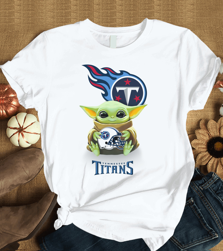 Star Wars Baby Yoda Holding Tennessee Titans Helmet T-Shirt