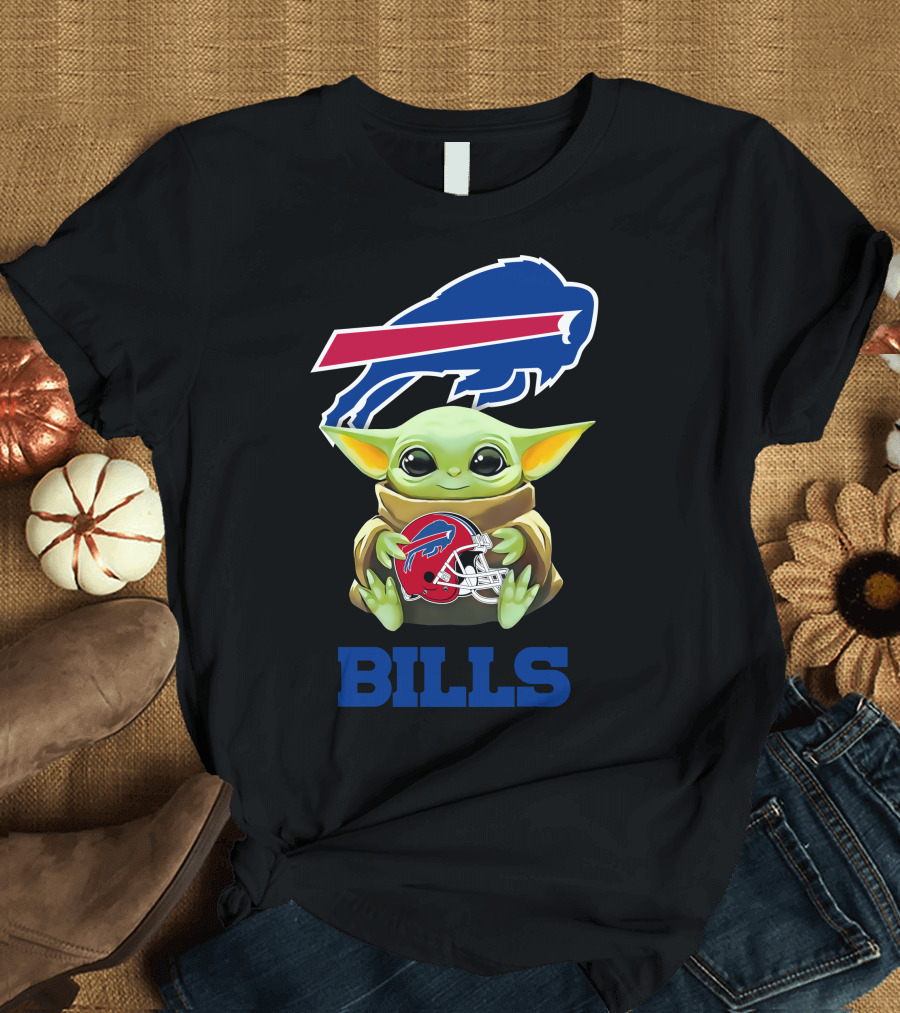 Grogu Holding Buffalo Bills Helmet with Logo and BILLS Text T-Shirt