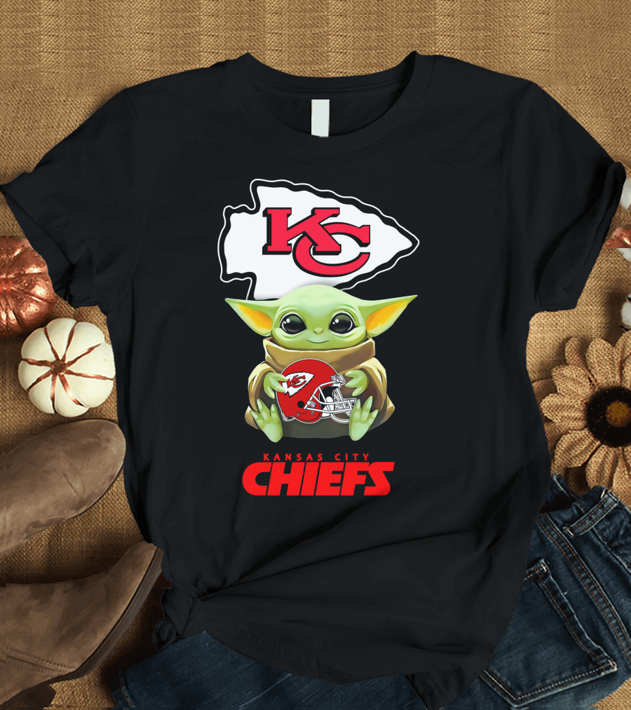 Kansas City Chiefs Grogu Hugging Helmet Icon with KC Arrowhead T-Shirt