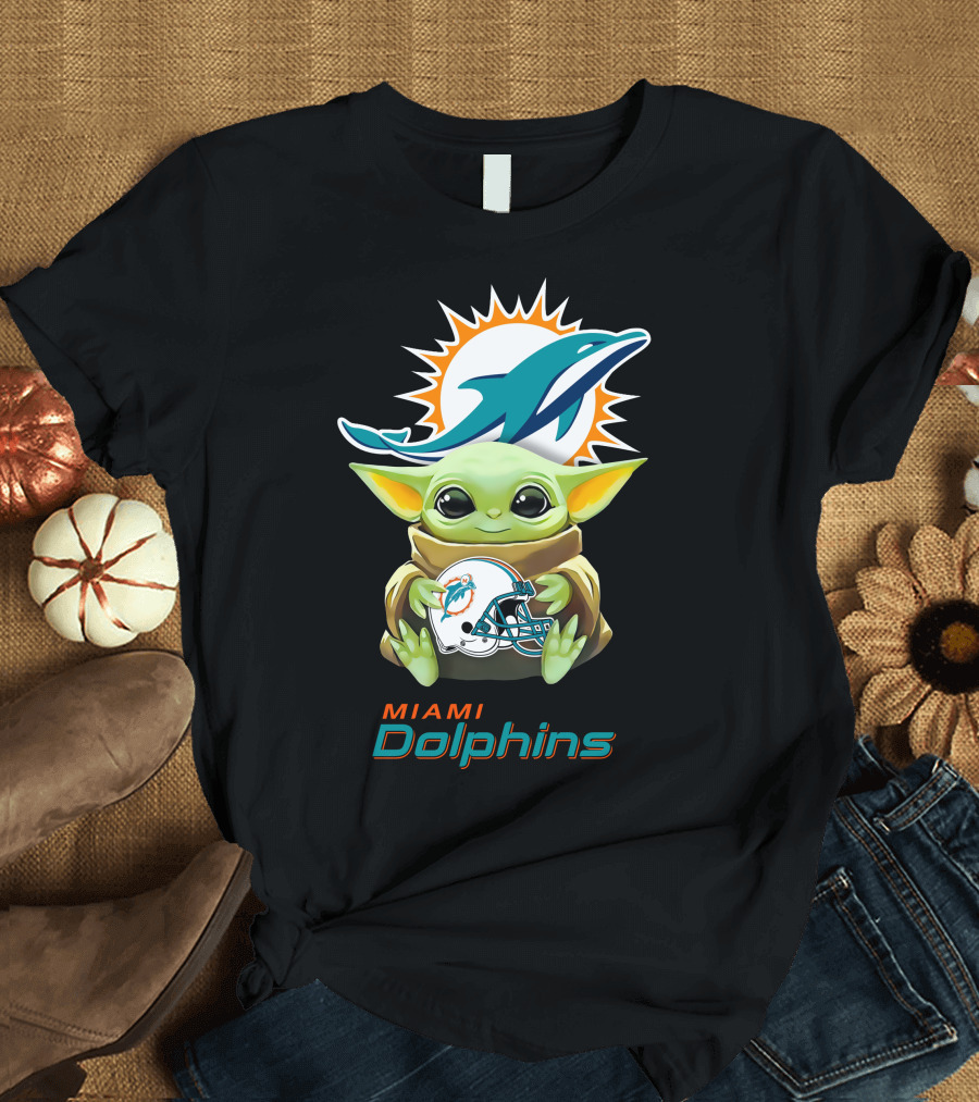 Miami Dolphins Grogu Holding Helmet Baby Yoda T-Shirt