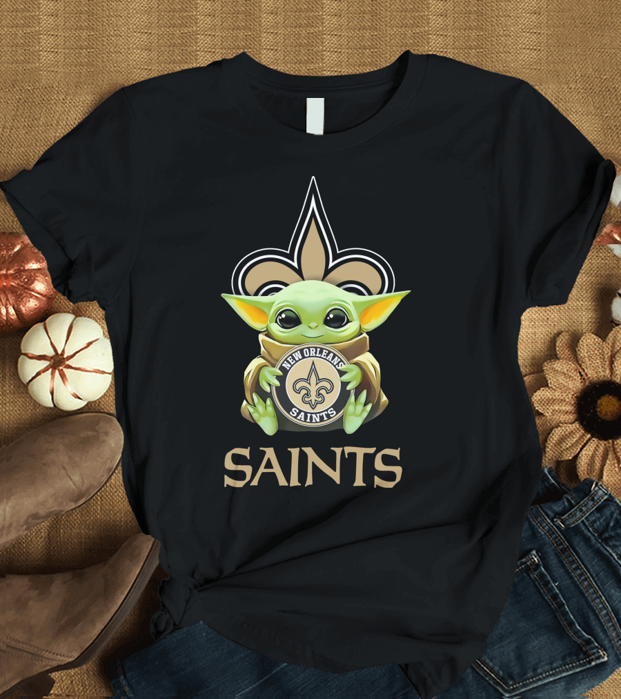 Grogu Holding New Orleans Saints Emblem with Fleur-de-Lis T-Shirt