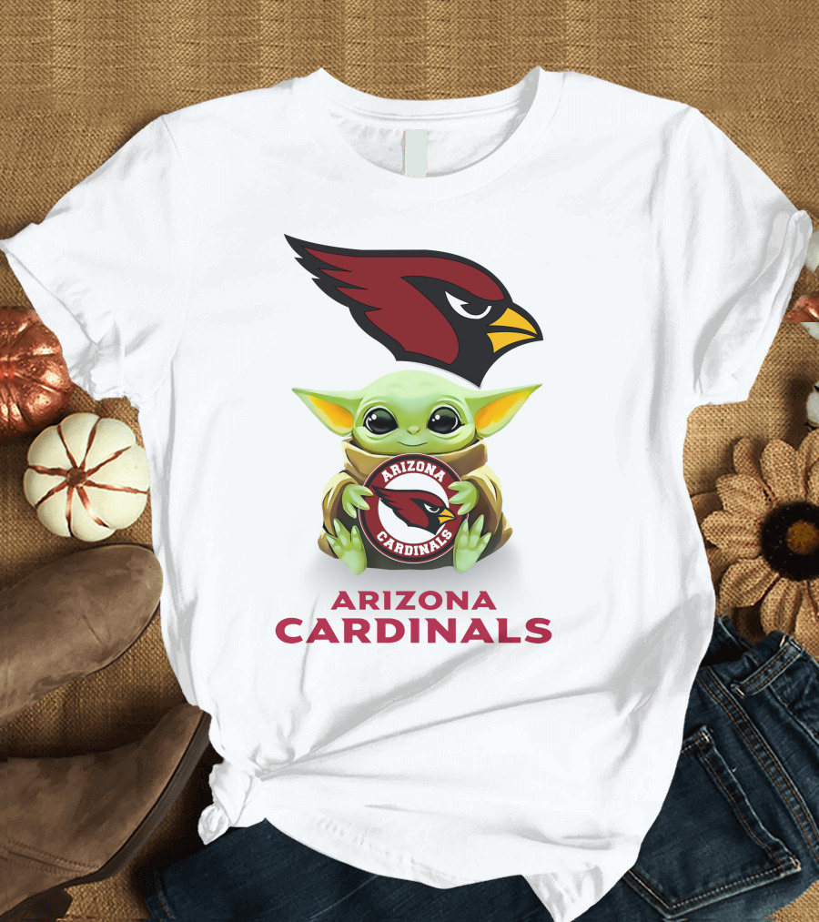 Grogu Holding Arizona Cardinals Logo with Team Name T-Shirt