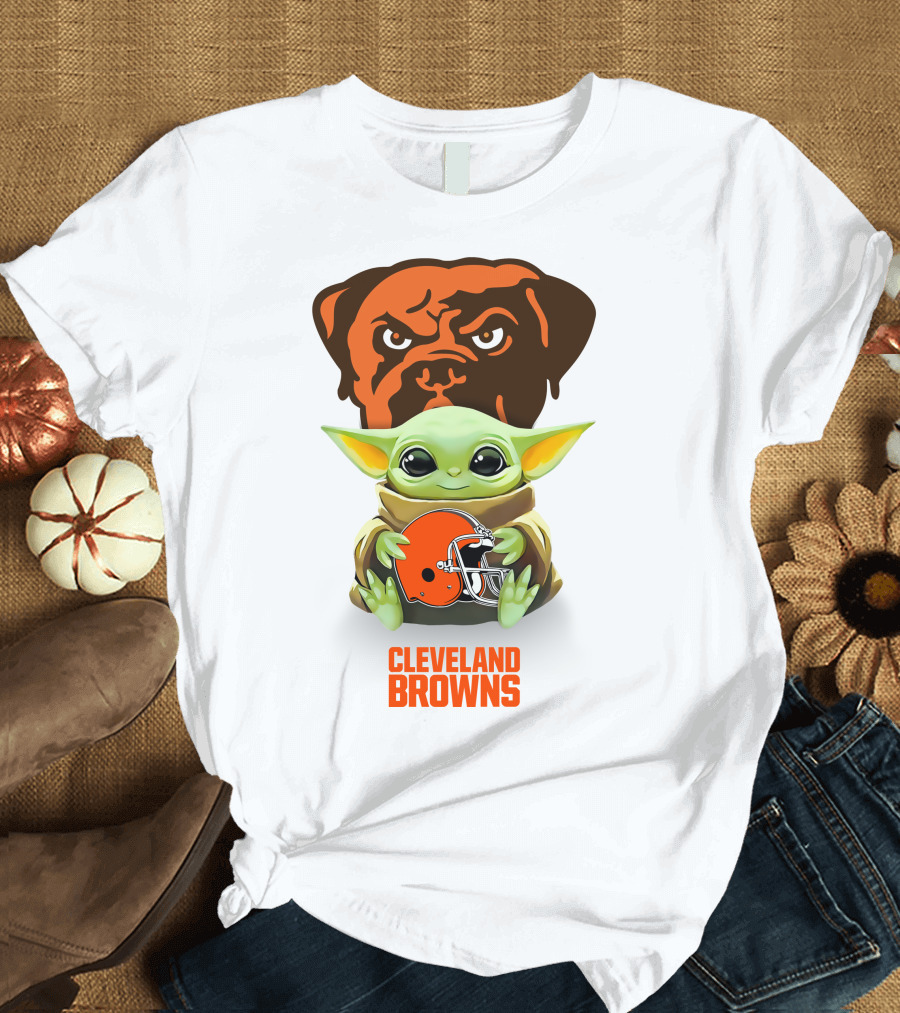 Grogu Holding Cleveland Browns Helmet with Brown Dog T-Shirt