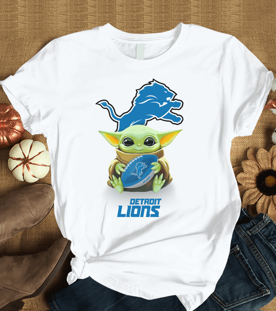 Grogu Holding Detroit Lions Football with Team T-Shirt