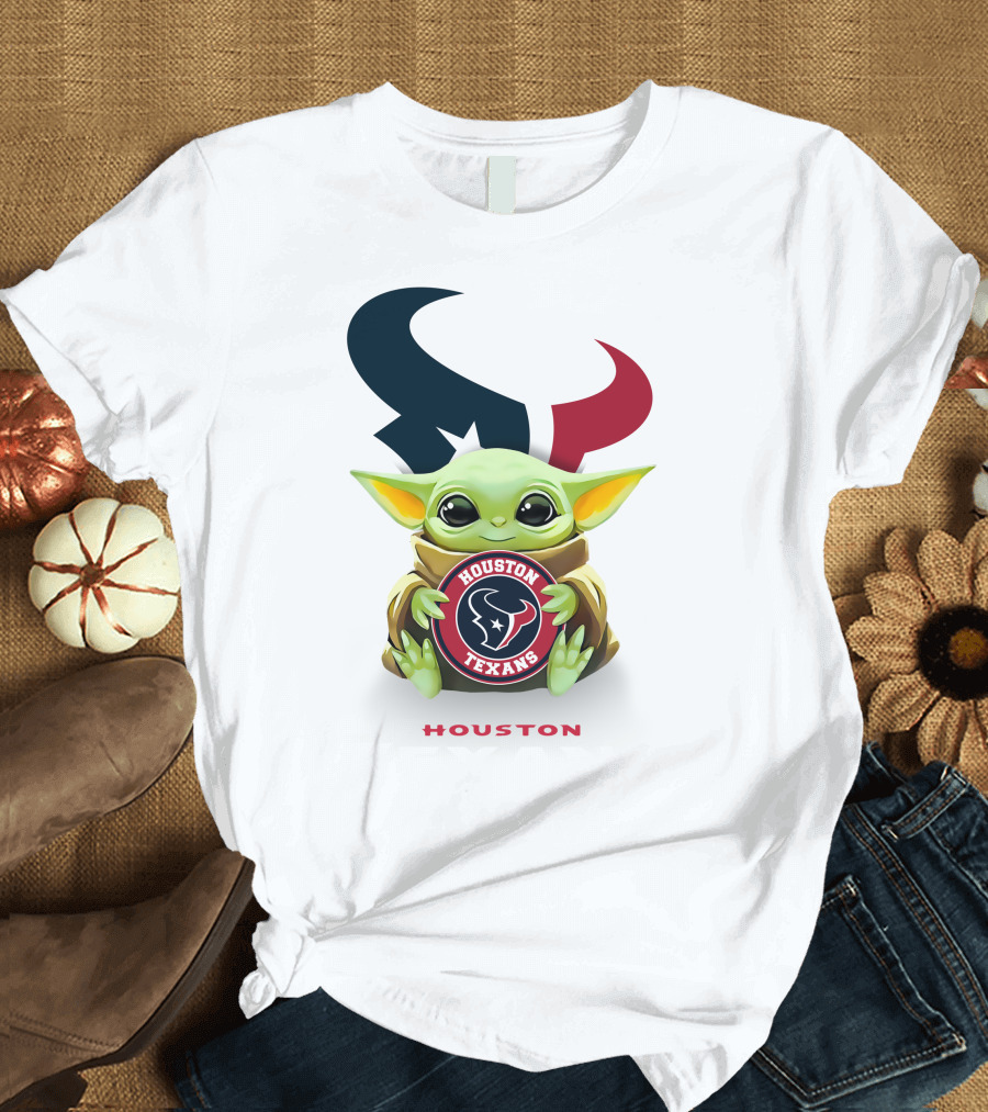 Grogu Holding Houston Texans Emblem with Oversized Logo Background T-Shirt