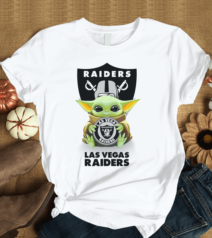 Grogu Holding Las Vegas Raiders Shield with Helmet and Swords T-Shirt