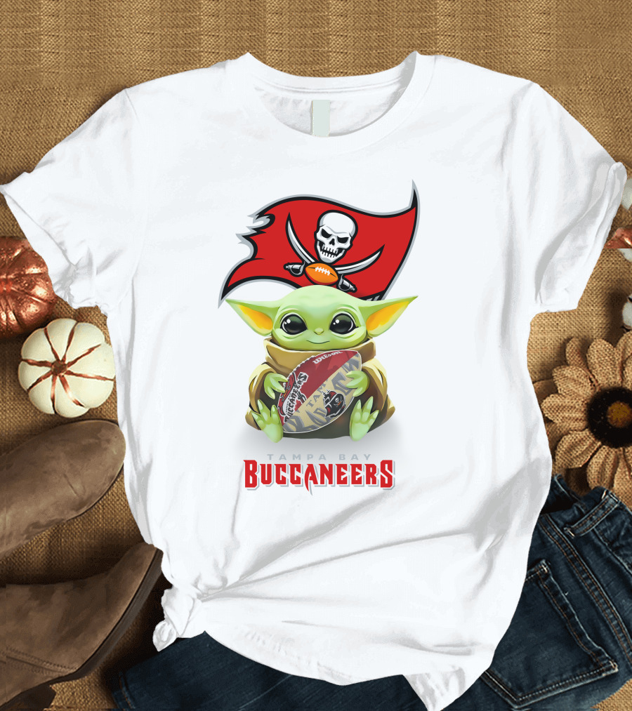 Grogu Holding Tampa Bay Buccaneers Football with Team T-Shirt