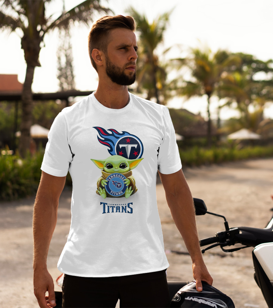 Grogu Holding Tennessee Titans Logo Star Wars Crossover White T-Shirt